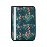 heliconia flowers, palm and monstera leaves on bla Car Seat Belt Cover