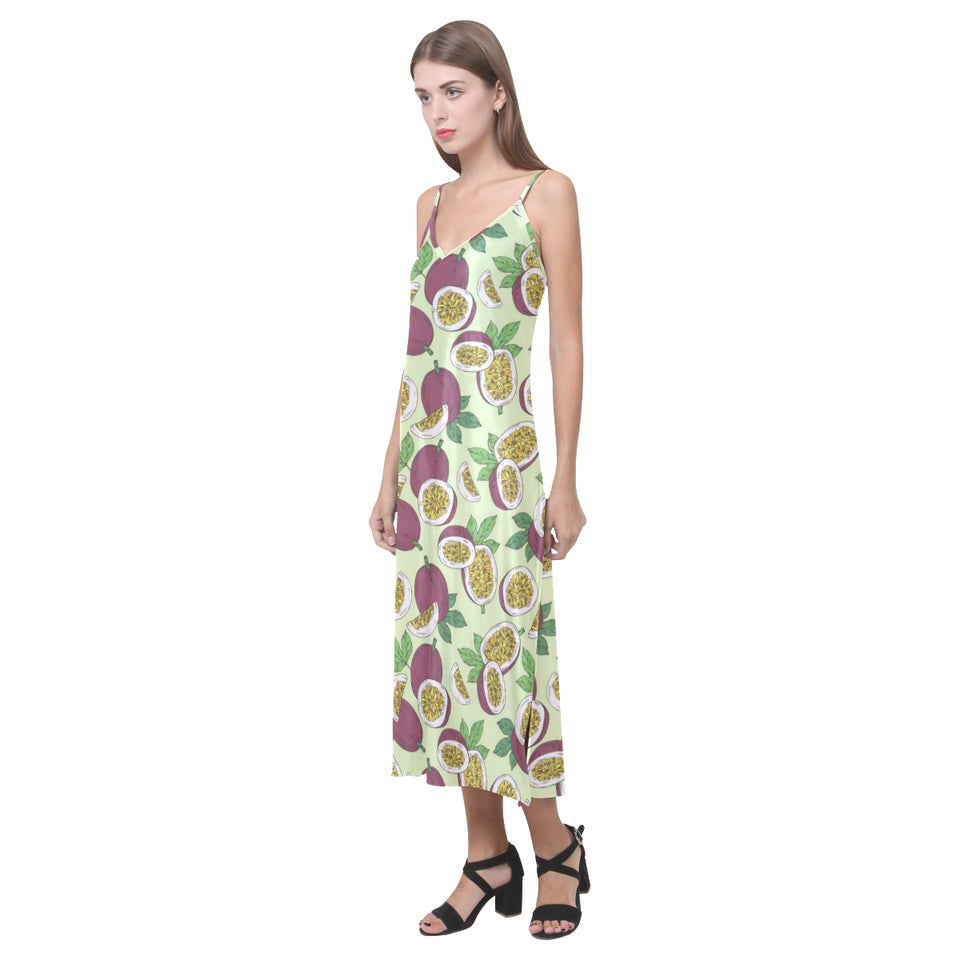 Paassion fruit pattern V-Neck Open Fork Long Dress