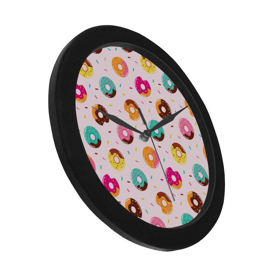 Donut pattern glaze pink background Elegant Black Wall Clock