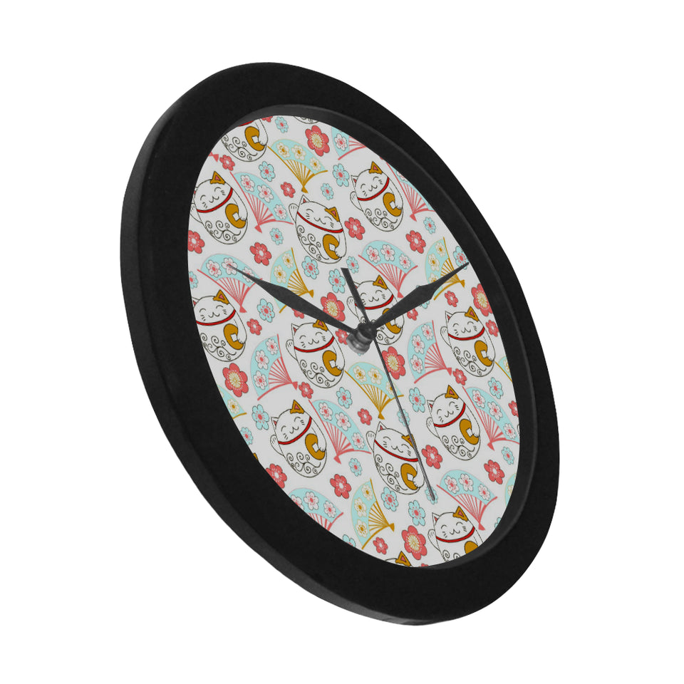 Maneki neko cat fan sakura Elegant Black Wall Clock