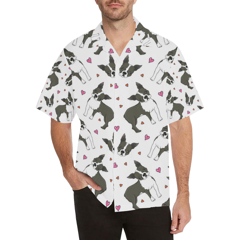 Boston terrier dog hearts vector pattern Men's All Over Print Hawaiian Shirt