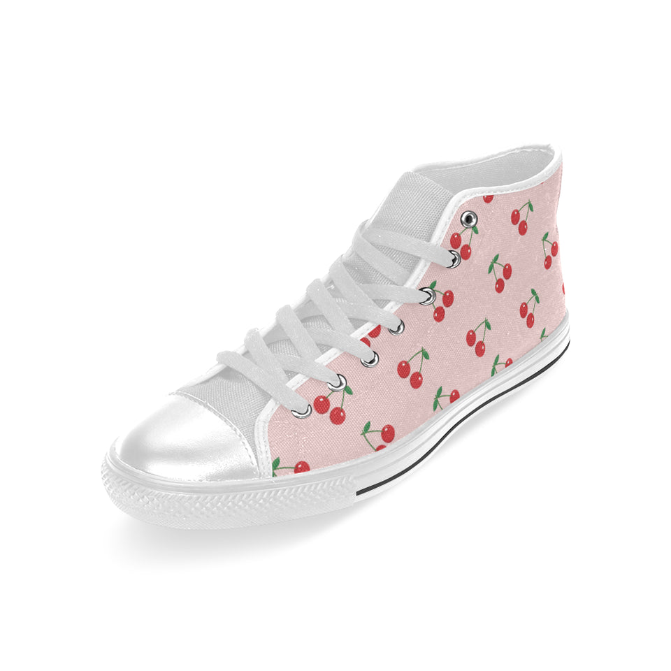 cherry pattern pink background Men's High Top Canvas Shoes White