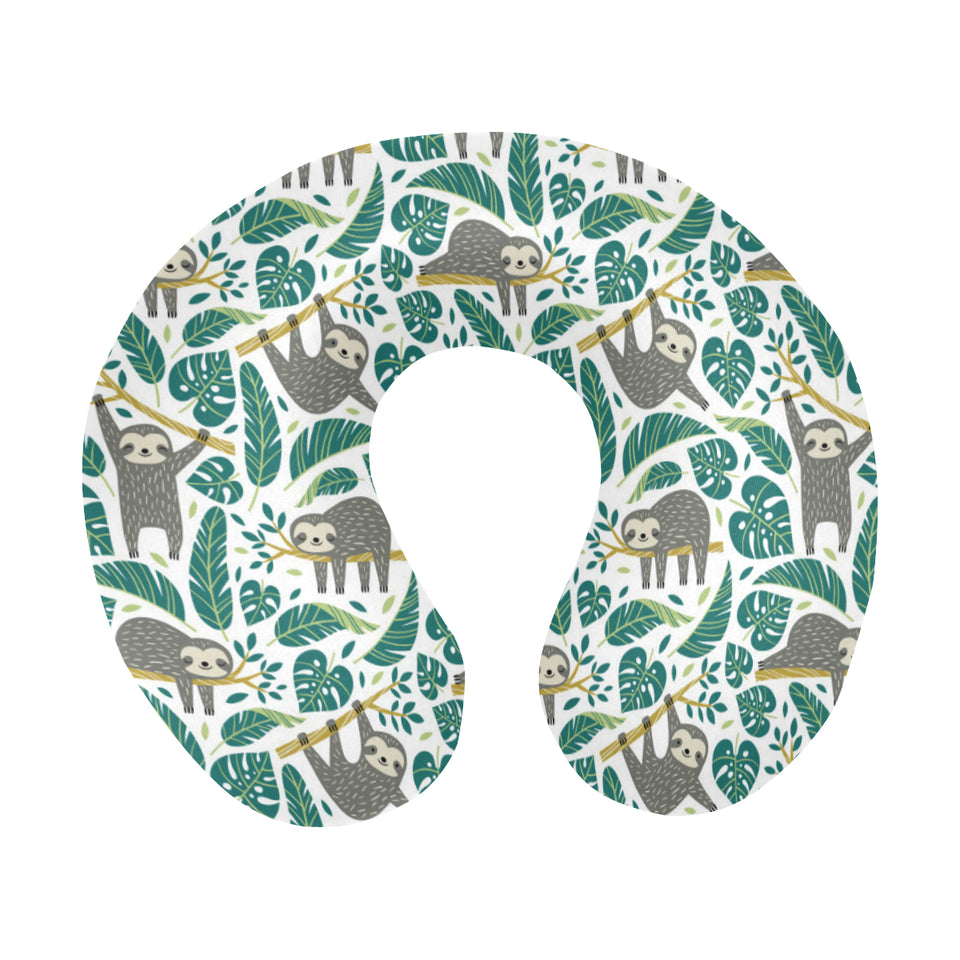 Cute sloths tropical palm leaves white background U-Shaped Travel Neck Pillow