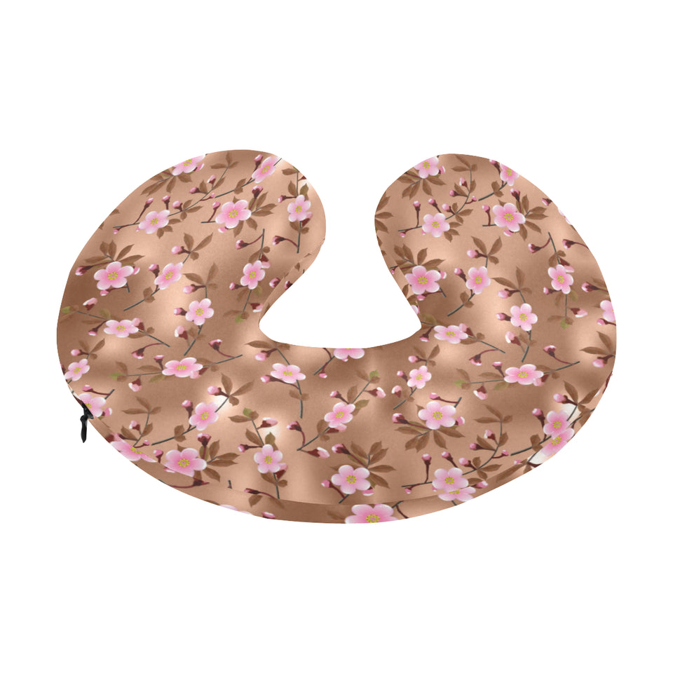 Pink sakura cherry blossom drak brown background U-Shaped Travel Neck Pillow