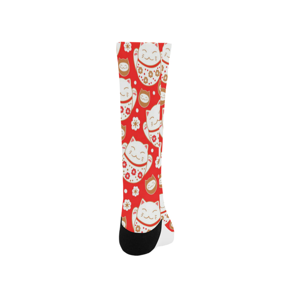 Cute Maneki neko cat red background Crew Socks