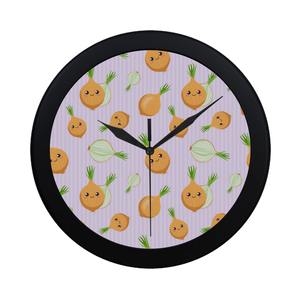 cute onions smiling faces purple background Elegant Black Wall Clock