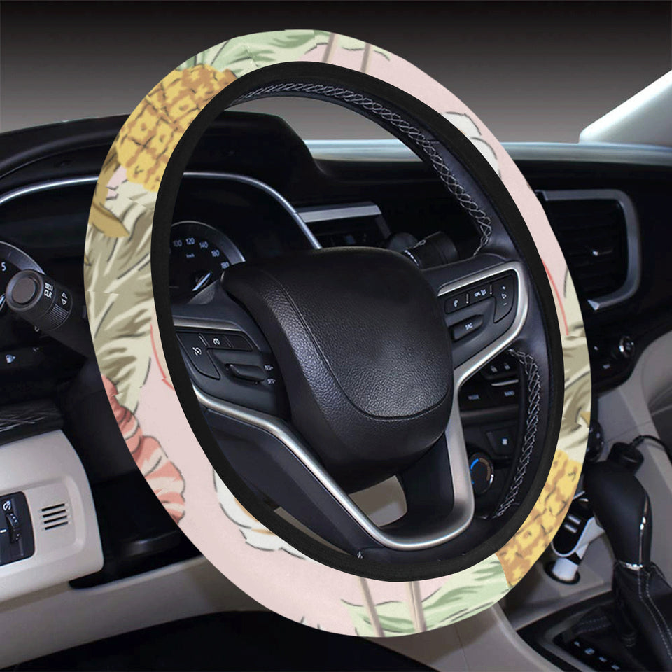 Pink flamingo birds pineapples hibiscus flower pat Car Steering Wheel Cover