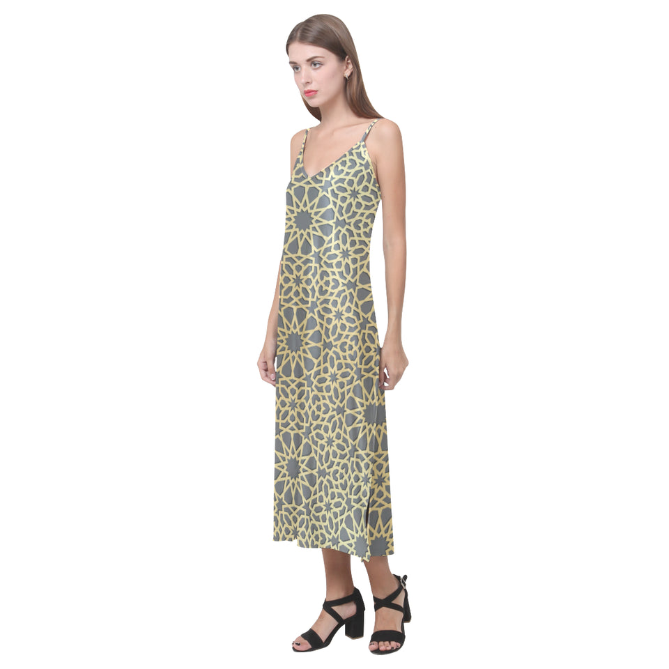 arabic star gold pattern V-Neck Open Fork Long Dress