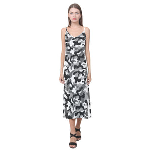 Black white camouflage pattern V-Neck Open Fork Long Dress