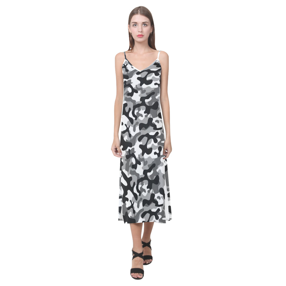 Black white camouflage pattern V-Neck Open Fork Long Dress