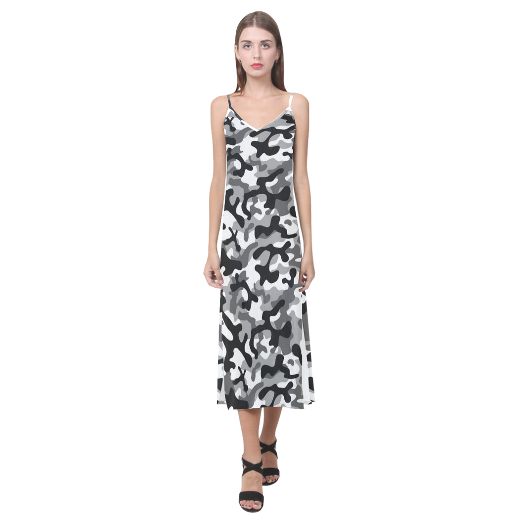 Black white camouflage pattern V-Neck Open Fork Long Dress