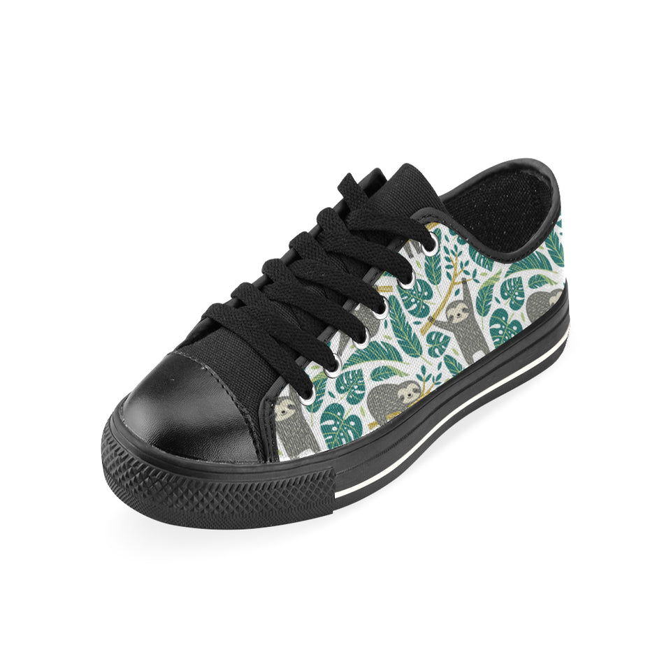 Cute sloths tropical palm leaves white background Men's Low Top Canvas Shoes Black