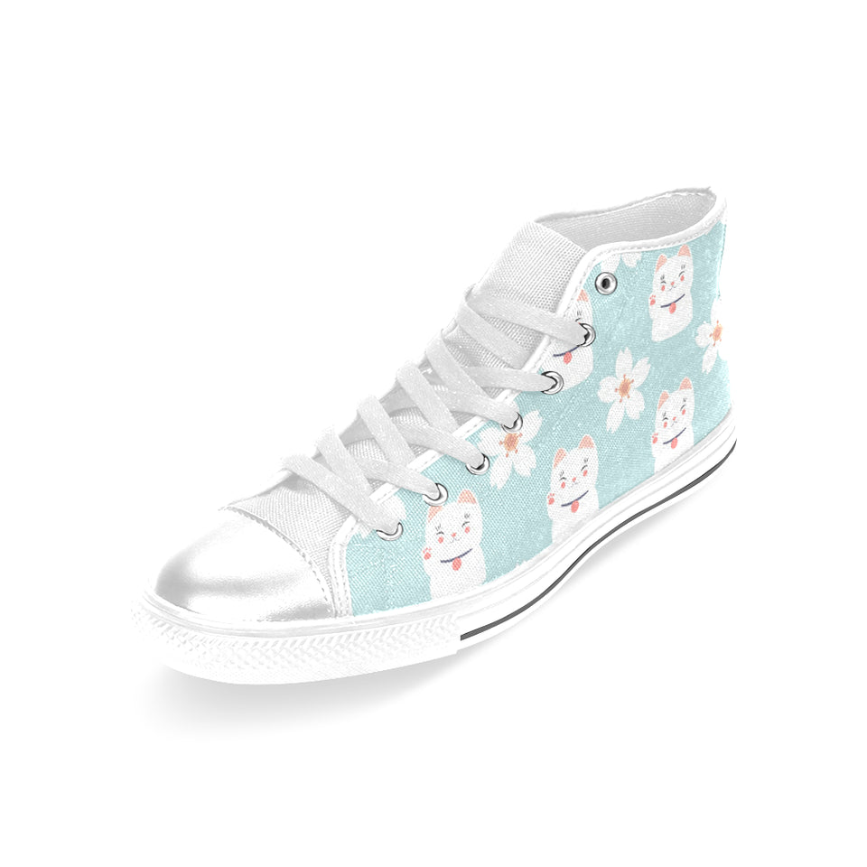 Maneki neko cat sakura Women's High Top Canvas Shoes White