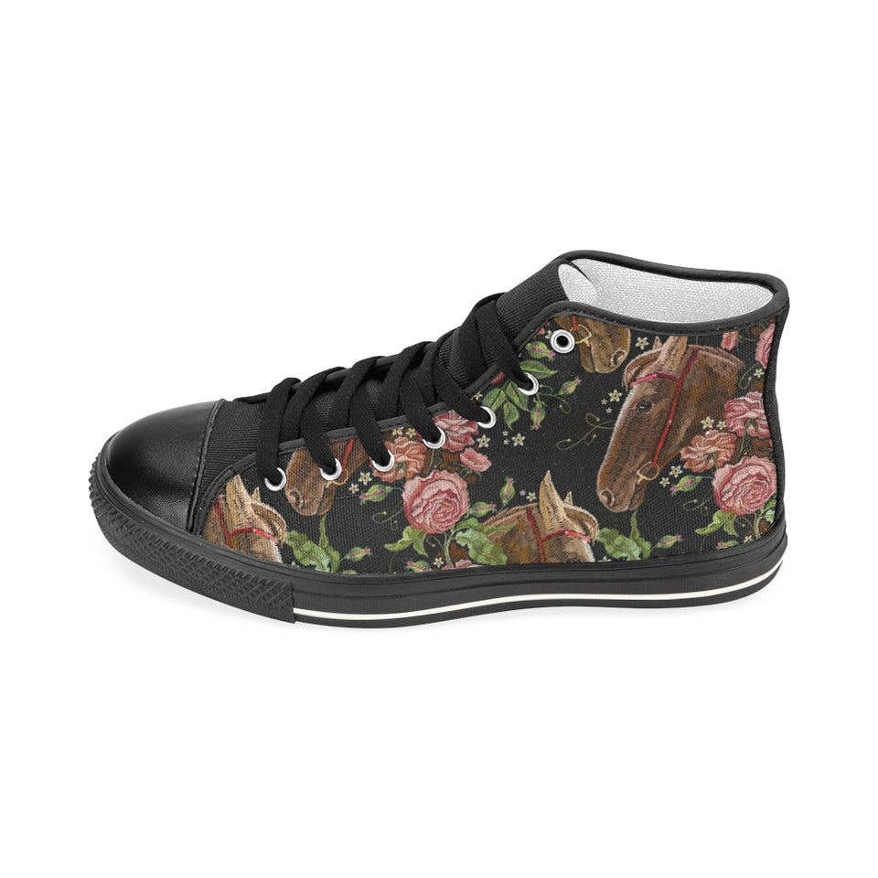 Horse head wild roses pattern Women's High Top Canvas Shoes Black