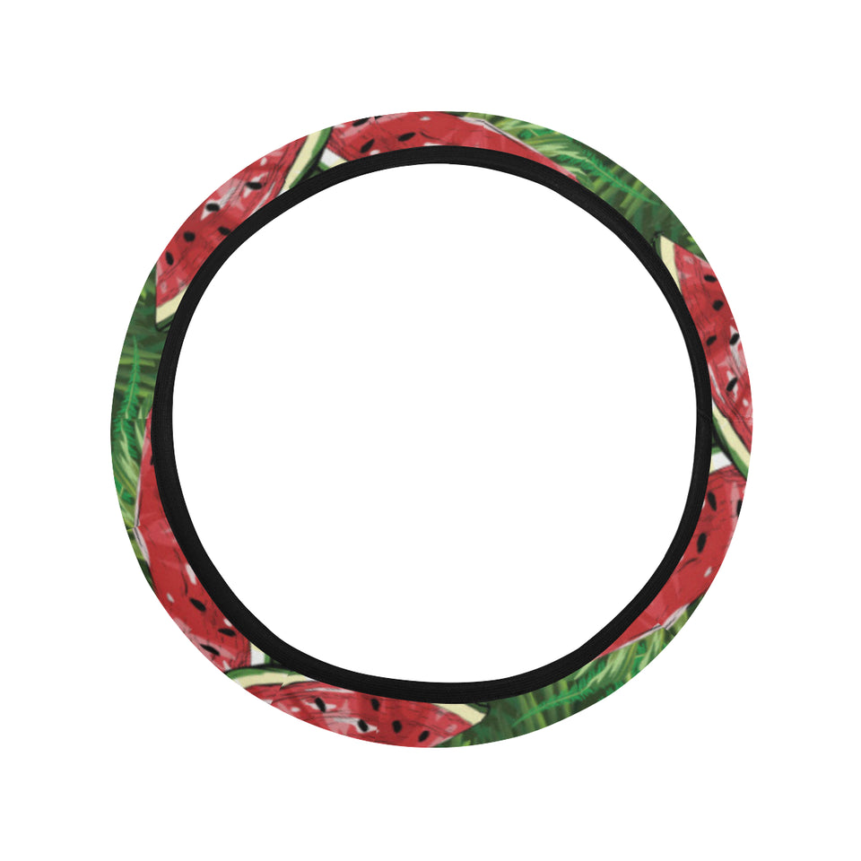 Watermelons tropical palm leaves pattern backgroun Car Steering Wheel Cover