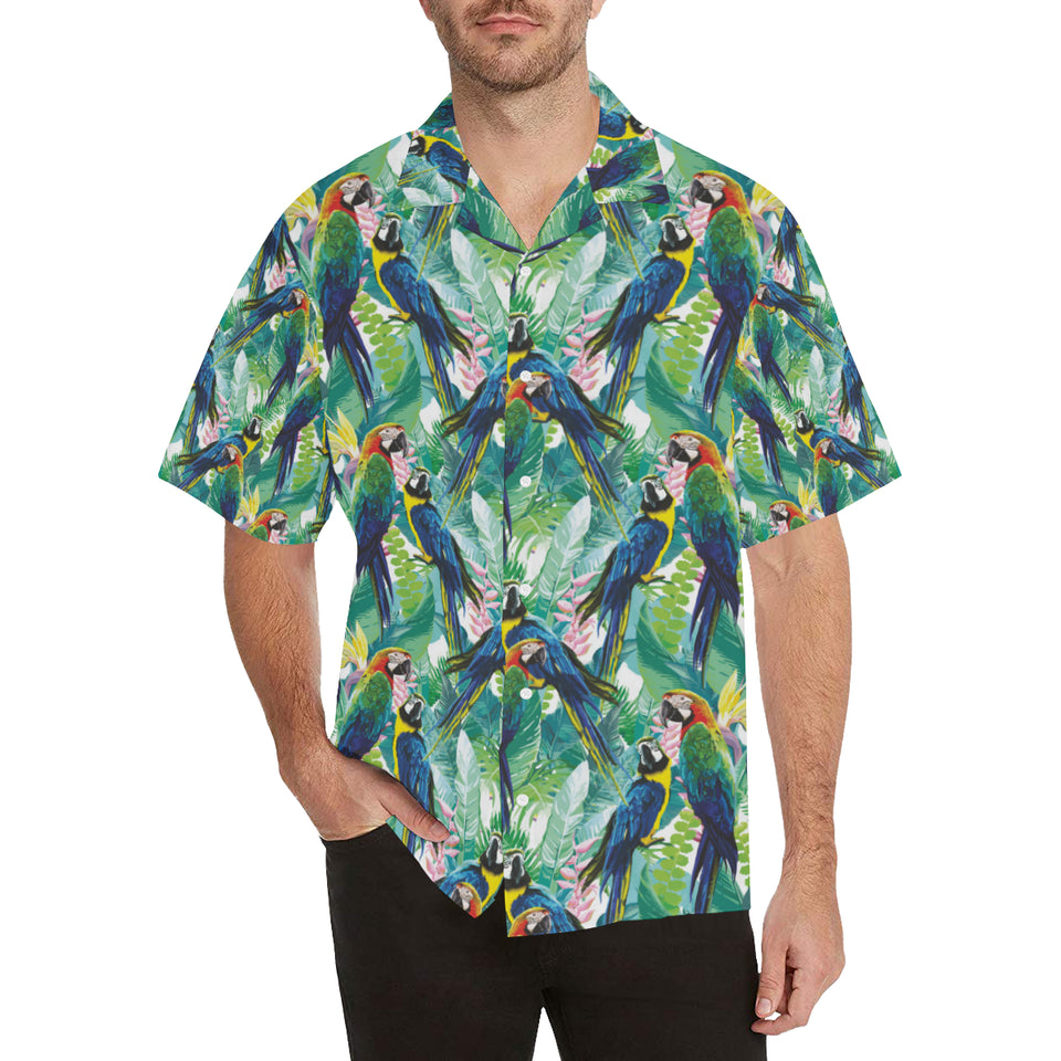 Colorful parrot exotic flower leaves Men's All Over Print Hawaiian Shirt