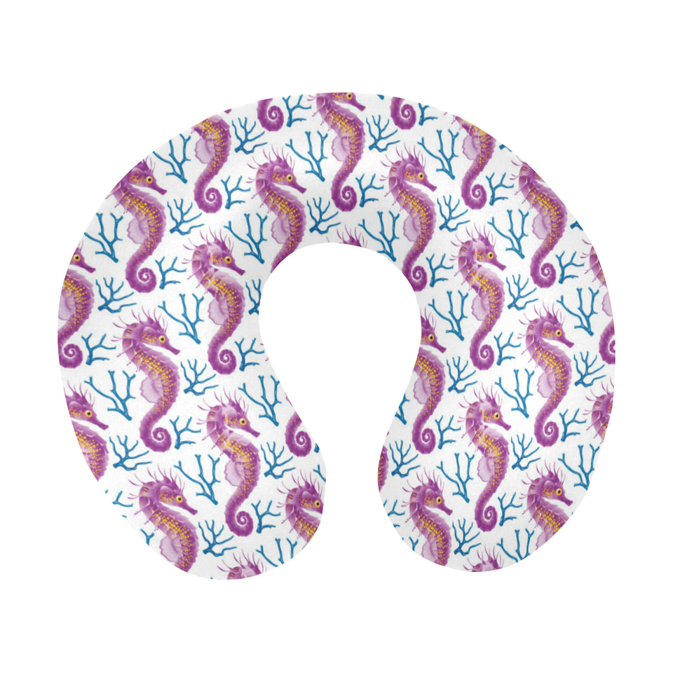 Purple seahorse blue coral pattern U-Shaped Travel Neck Pillow