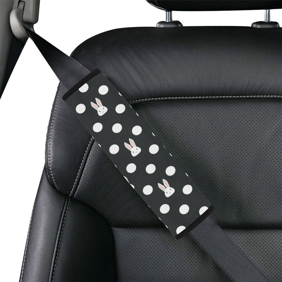Cute white rabbit polka dots black background Car Seat Belt Cover