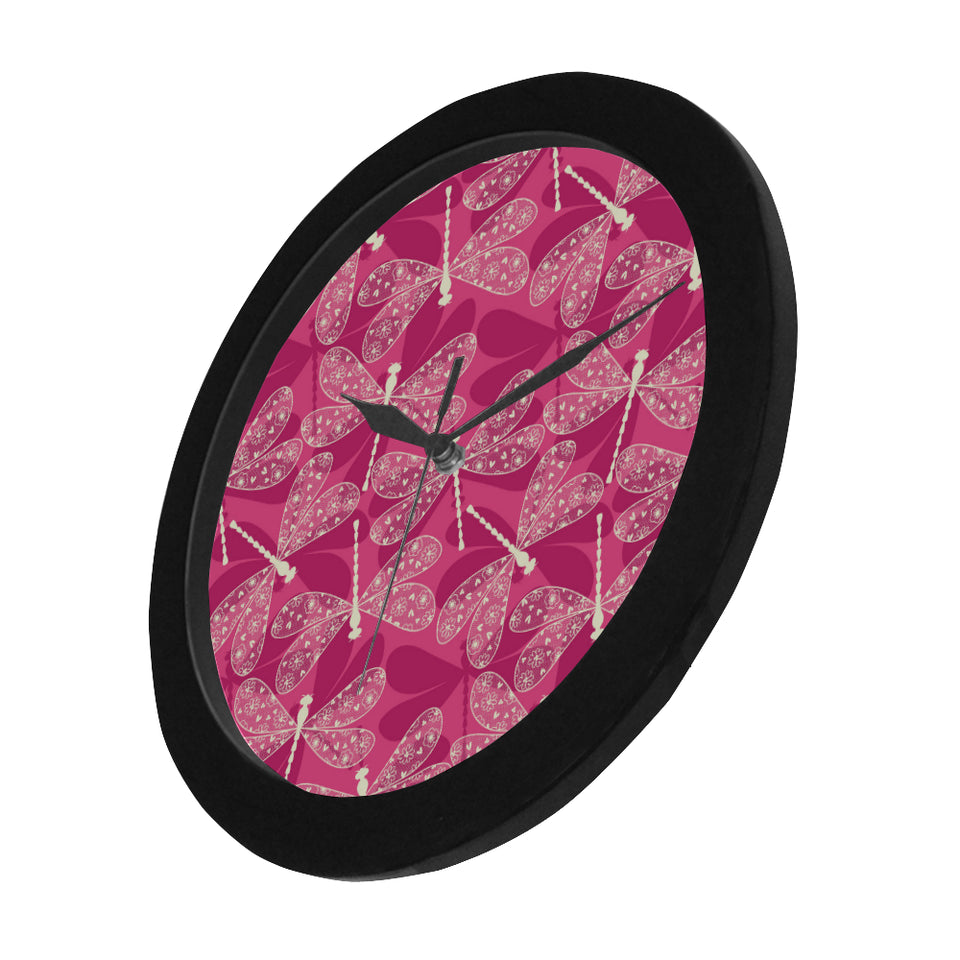 Beautiful dragonfly pink background Elegant Black Wall Clock