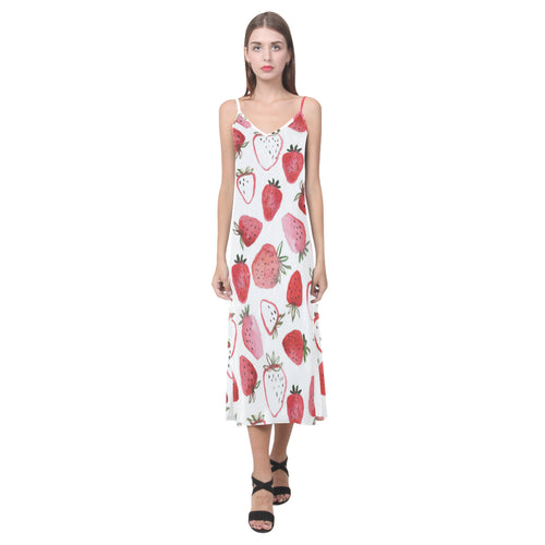 watercolor hand drawn beautiful strawberry pattern V-Neck Open Fork Long Dress