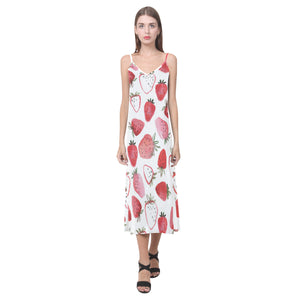watercolor hand drawn beautiful strawberry pattern V-Neck Open Fork Long Dress