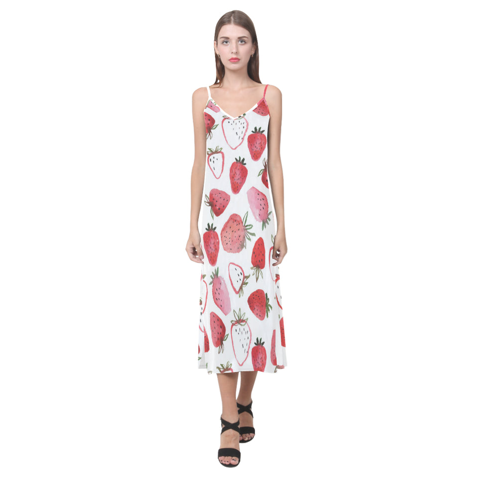 watercolor hand drawn beautiful strawberry pattern V-Neck Open Fork Long Dress