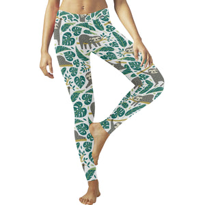 Cute sloths tropical palm leaves white background Women's Legging Fulfilled In US