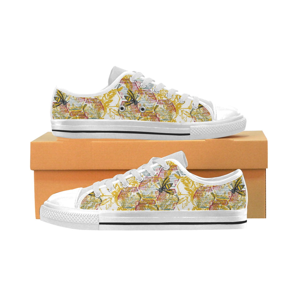 Cool Bee honeycomb leaves pattern Men's Low Top Shoes White