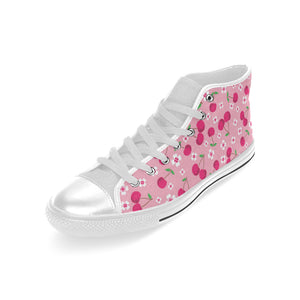 cherry flower pattern pink background Men's High Top Canvas Shoes White