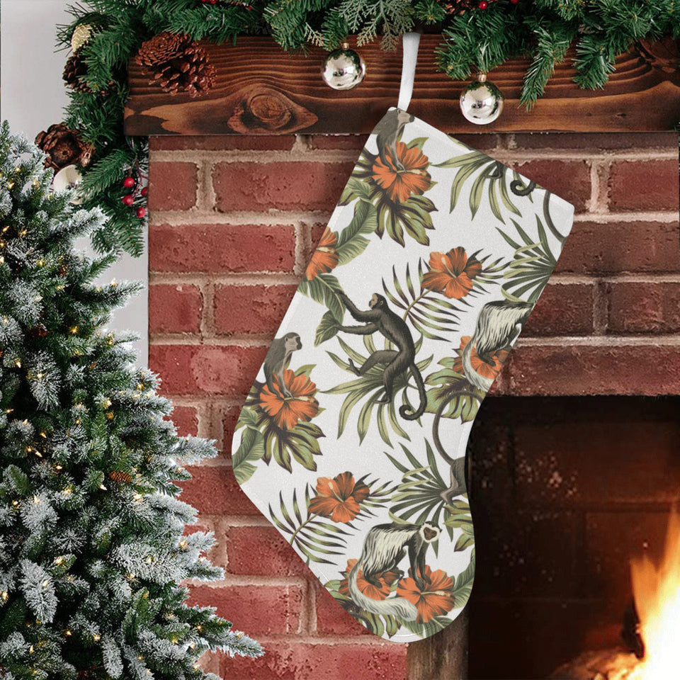 Monkey red hibiscus flower palm leaves floral patt Christmas Stocking