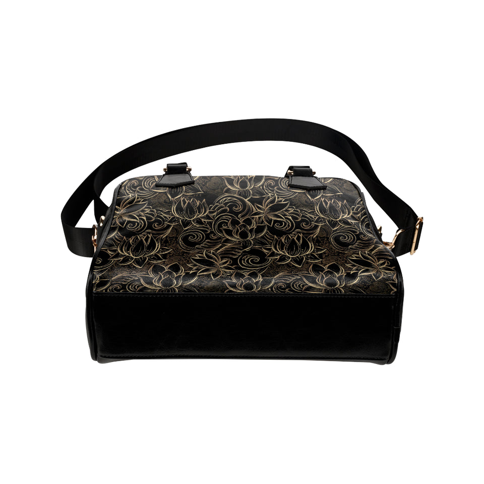 luxurious gold lotus waterlily black background Shoulder Handbag