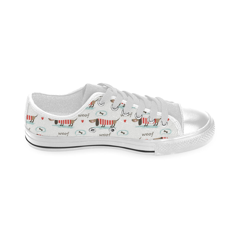 Cute dachshund bone pattern Men's Low Top Canvas Shoes White
