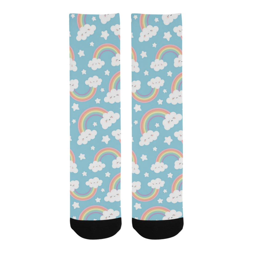 Cute rainbow clound star pattern blue background Crew Socks