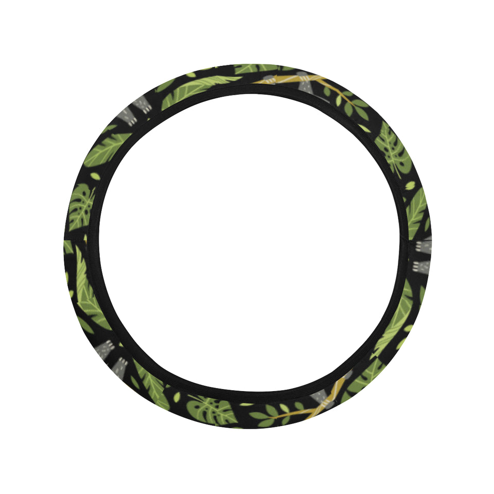 Cute sloths tropical palm leaves black background Car Steering Wheel Cover