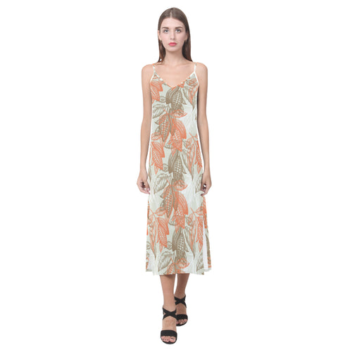 Cocoa beans Cocoa tree pattern V-Neck Open Fork Long Dress