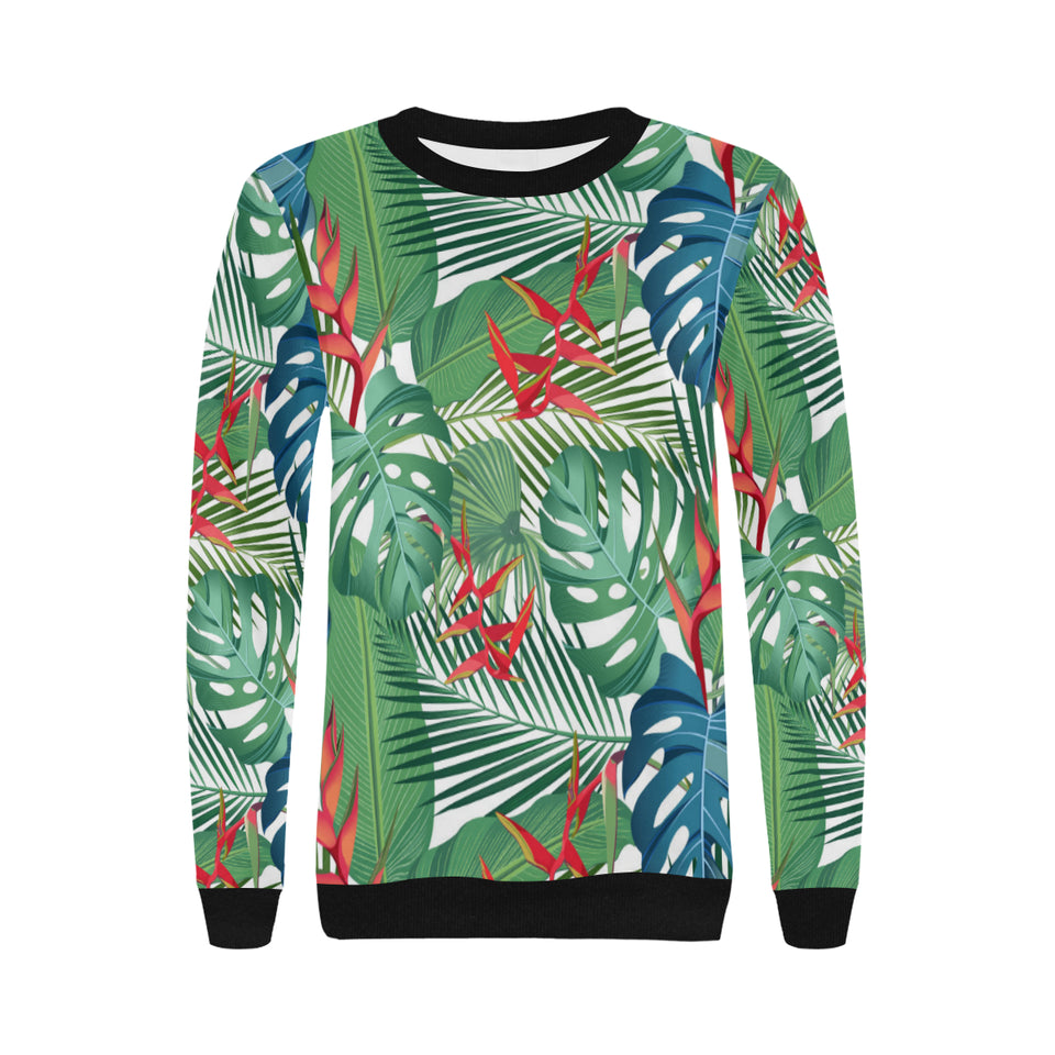 heliconia palm and monstera  leaves pattern Women's Crew Neck Sweatshirt