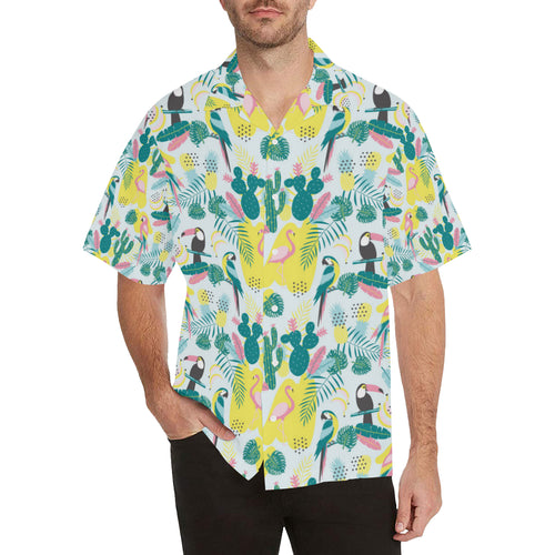 Cute parrot toucan flamingo cactus exotic leaves p Men's All Over Print Hawaiian Shirt