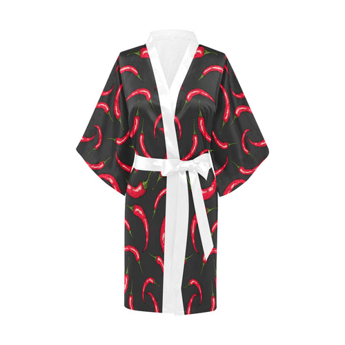 Chili peppers pattern black background Women's Short Kimono Robe