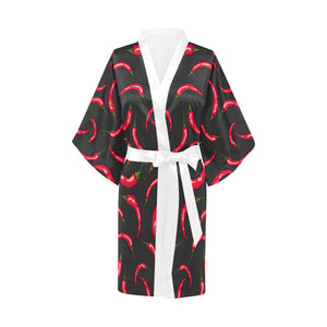 Chili peppers pattern black background Women's Short Kimono Robe