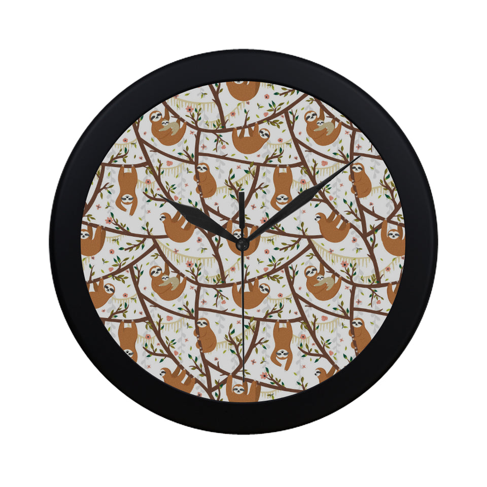Sloths hanging on the tree pattern Elegant Black Wall Clock