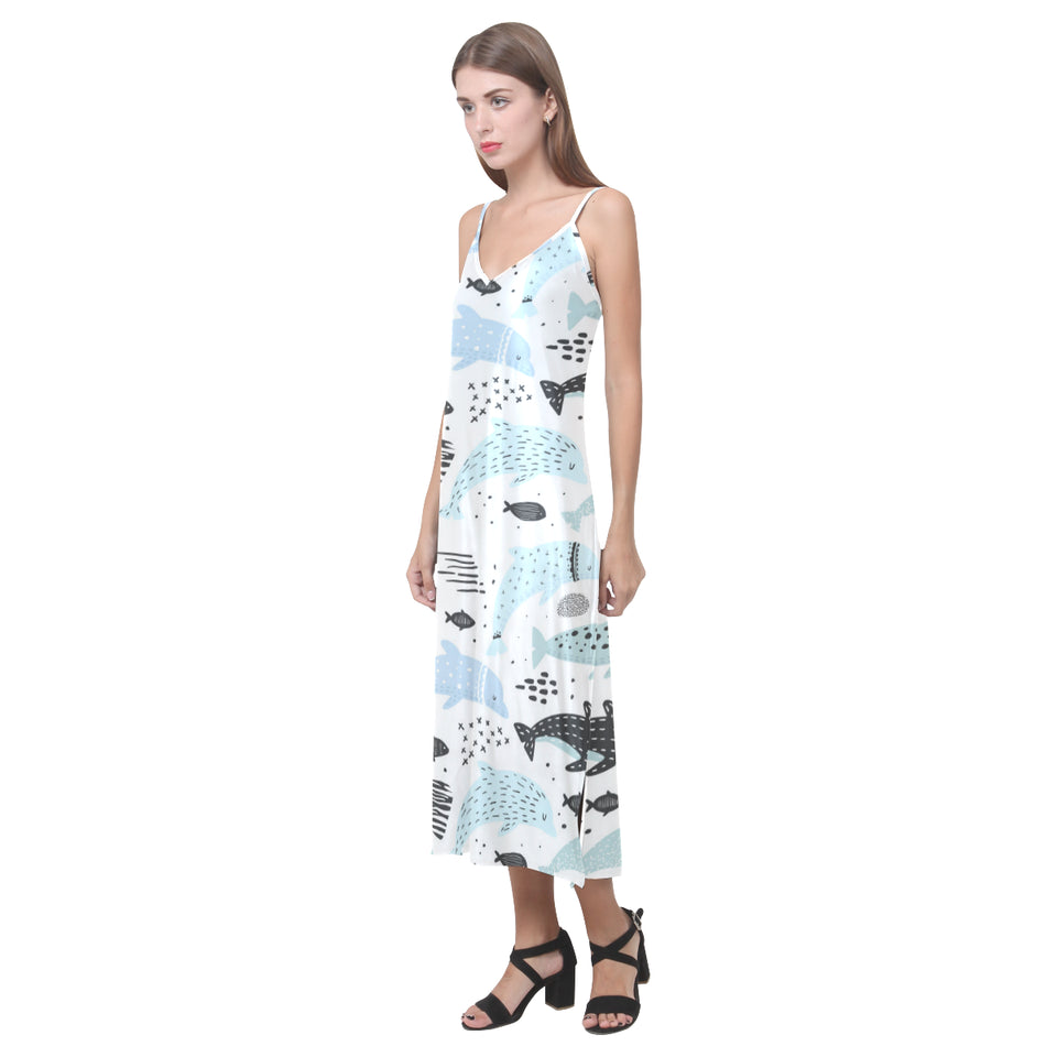Cute dolphins Childish Style pattern V-Neck Open Fork Long Dress