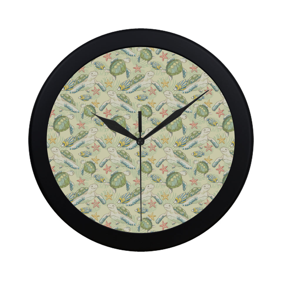 Hand drawn sea turtle fish pattern Elegant Black Wall Clock