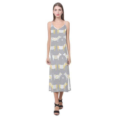 Cute dachshund dog pattern V-Neck Open Fork Long Dress