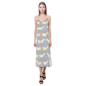 Cute dachshund dog pattern V-Neck Open Fork Long Dress