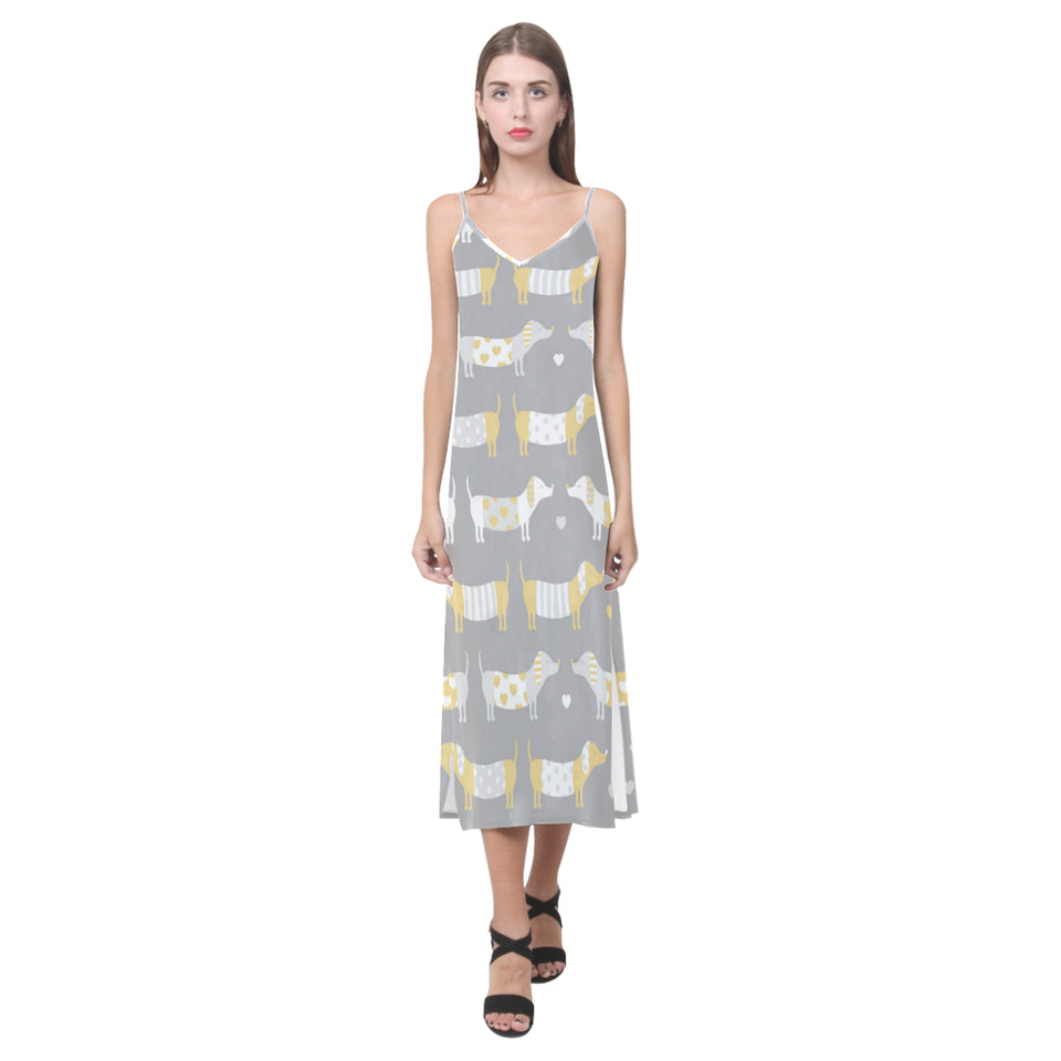 Cute dachshund dog pattern V-Neck Open Fork Long Dress