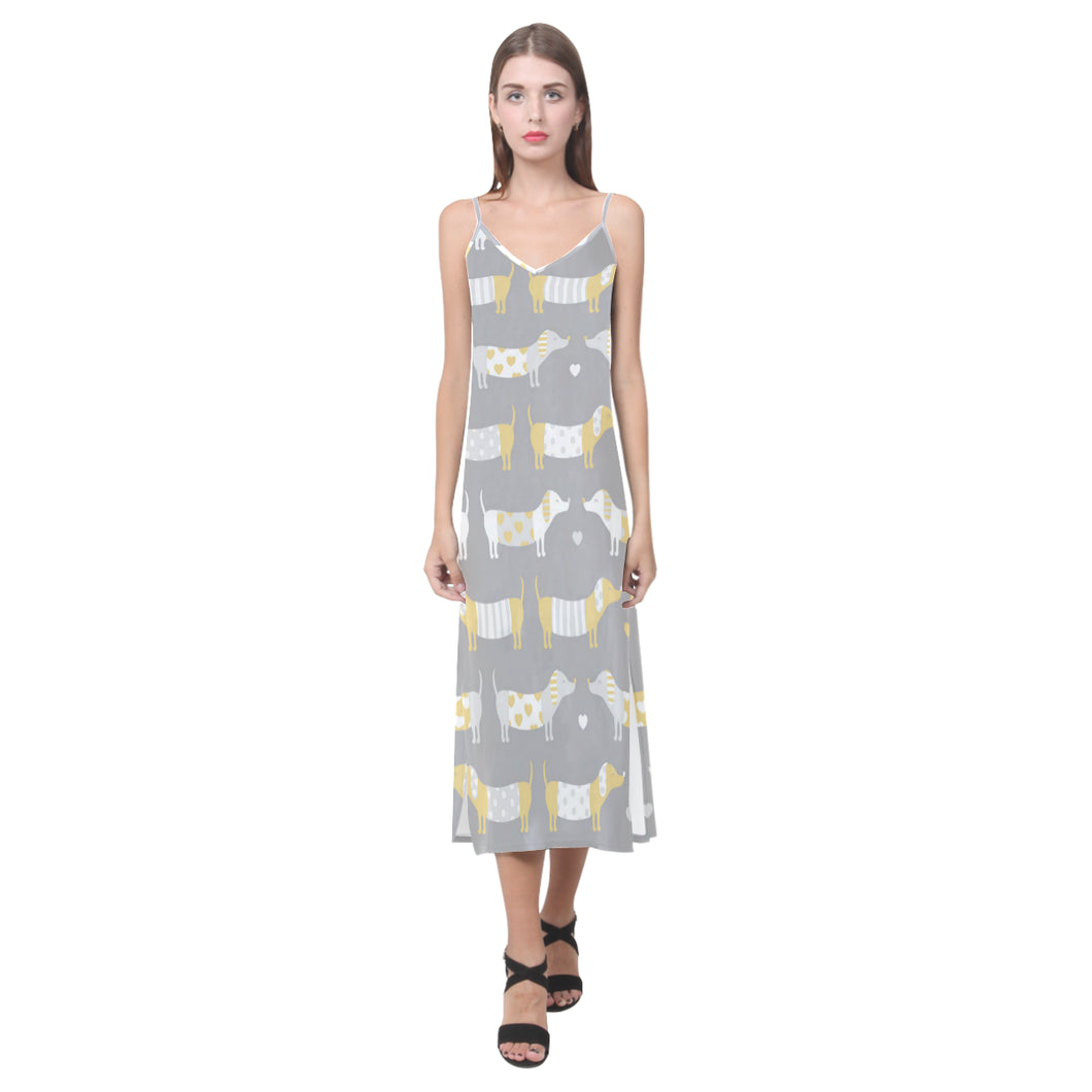 Cute dachshund dog pattern V-Neck Open Fork Long Dress