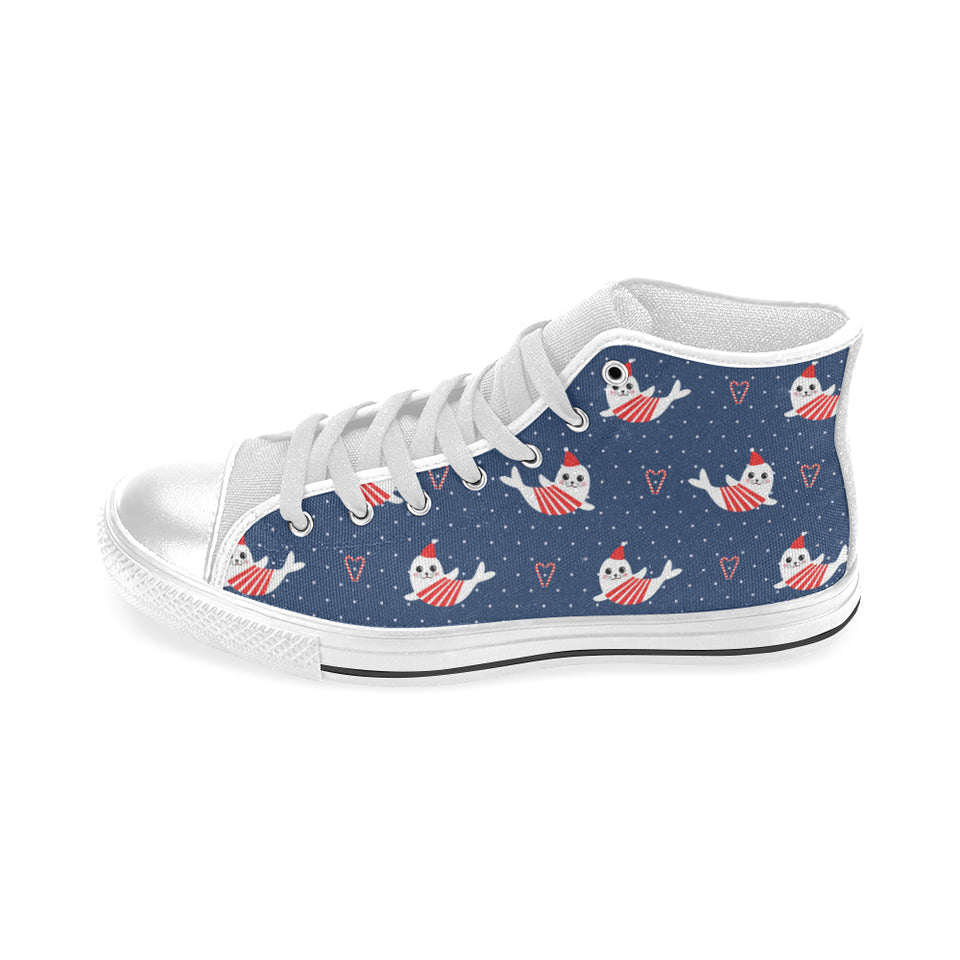 Cute sea lion seal christmas hat candy cane heart Men's High Top Canvas Shoes White