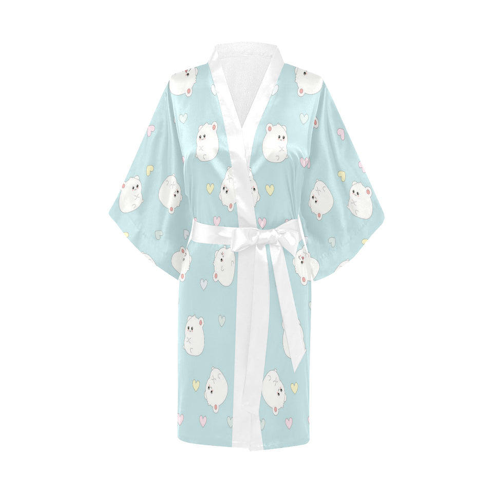 White cute hamsters heart pattern Women's Short Kimono Robe