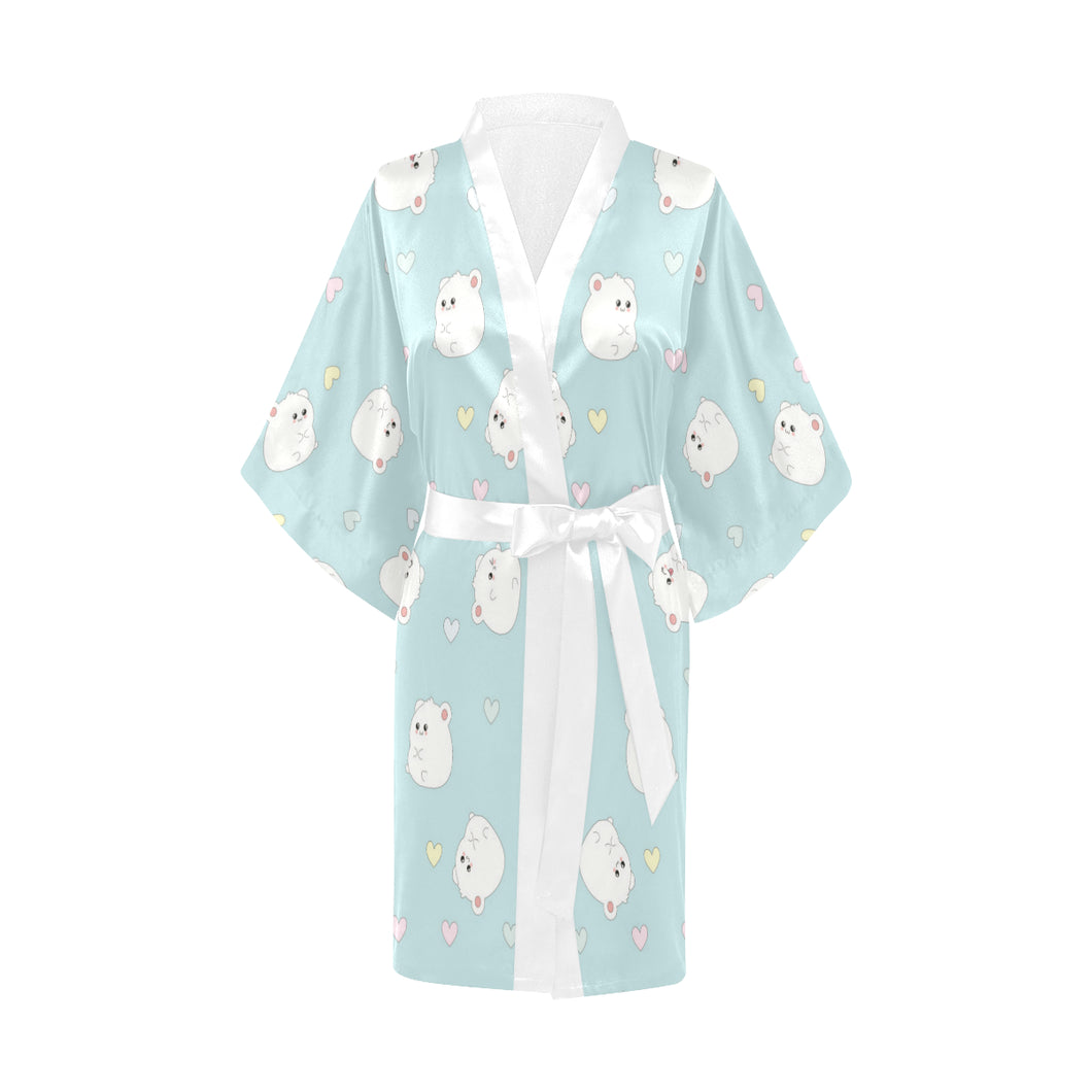White cute hamsters heart pattern Women's Short Kimono Robe
