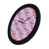 Pink flamingo flower pattern Elegant Black Wall Clock